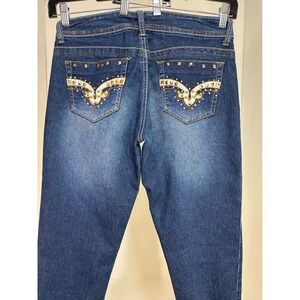Southpole Womens Dark Wash Embellished Studded Denim Capri Jeans Blue Size 7